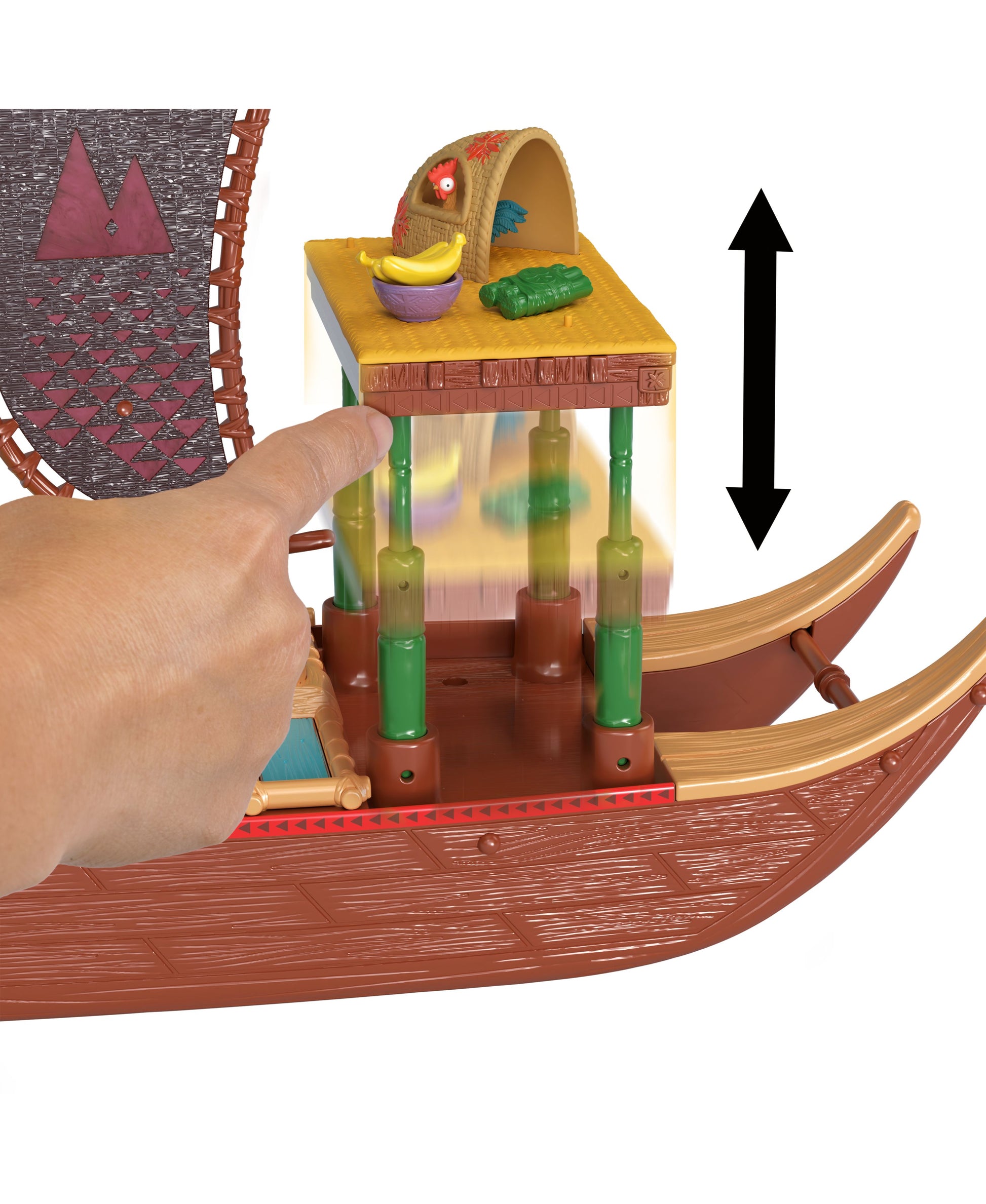 Disney Princess Moana 2 Adventure Canoe Playset modeled by a child's hand, showing red canoe with green support posts, yellow platform with food accessories, an