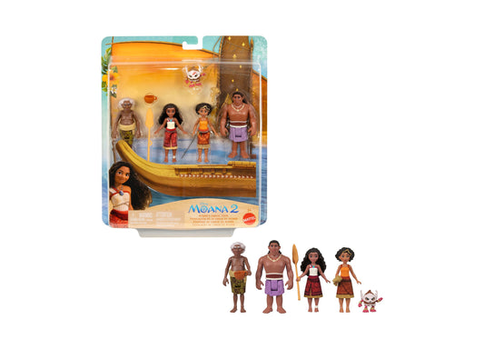 Moana 2 Canoe Crew playset with four character figures and small companion figure, includes golden canoe, displayed in packaging and individually below