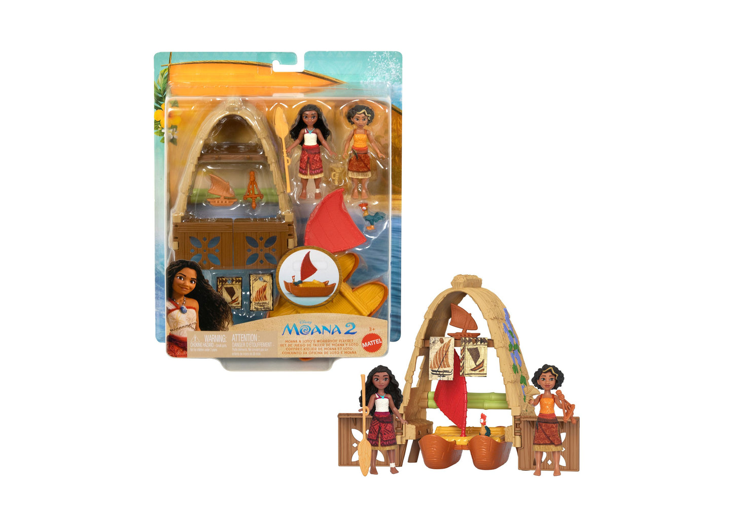 Moana 2 Loto's Workshop Playset with two small dolls, boat with red sail, wooden structure, and accessories shown in packaging and assembled on white background