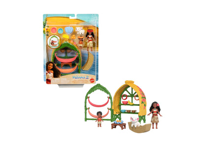 Disney Moana 2 Simea Village Home Playset with green and yellow tiki-style house, two small dolls, white pig figure, canoe, and accessories shown in packaging a