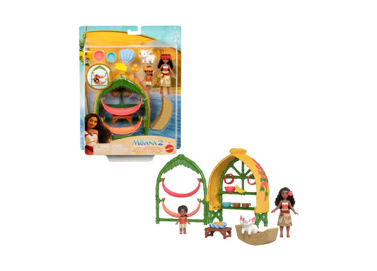 Disney Moana 2 Simea Village Home Playset with green and yellow tiki-style house, two small dolls, white pig figure, canoe, and accessories shown in packaging a