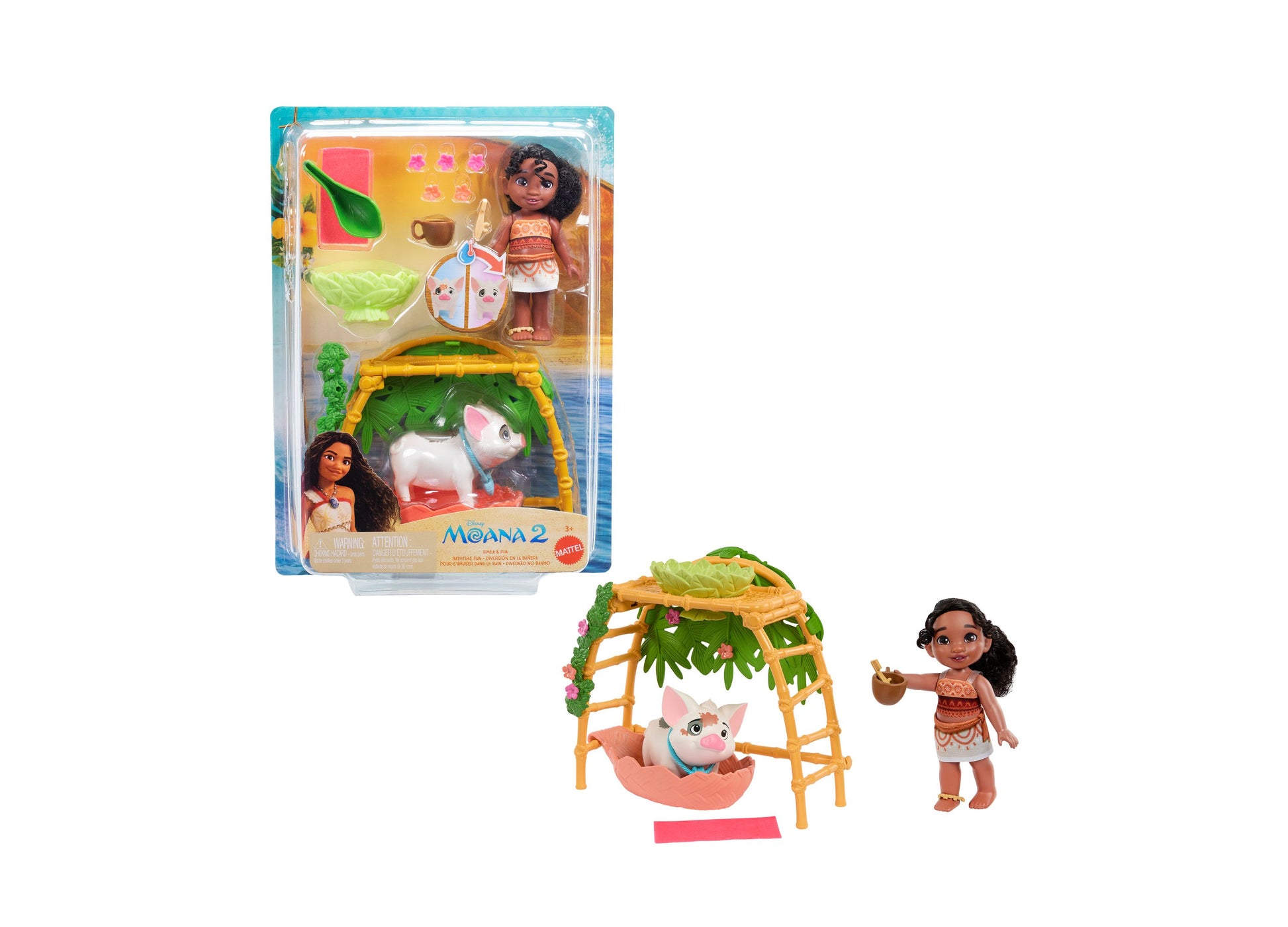 Moana 2 Simea and Pua Bathtime Fun Playset with doll, pig figure, bamboo tub with leaf canopy, and accessories shown in packaging and assembled on plain backgro