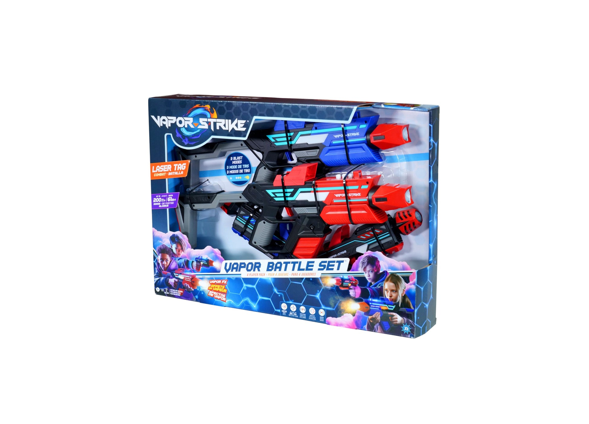 Vapor Strike 4 Player Laser Tag Battle Set with two blue and red laser tag blasters and control unit on packaging