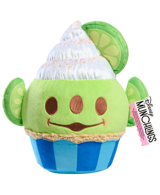 Disney Munchlings 10 inch Key Lime Cupcake Alien plush with green face, brown eyes and smile, tan frosting middle, blue cupcake wrapper base, and green leaf-pat