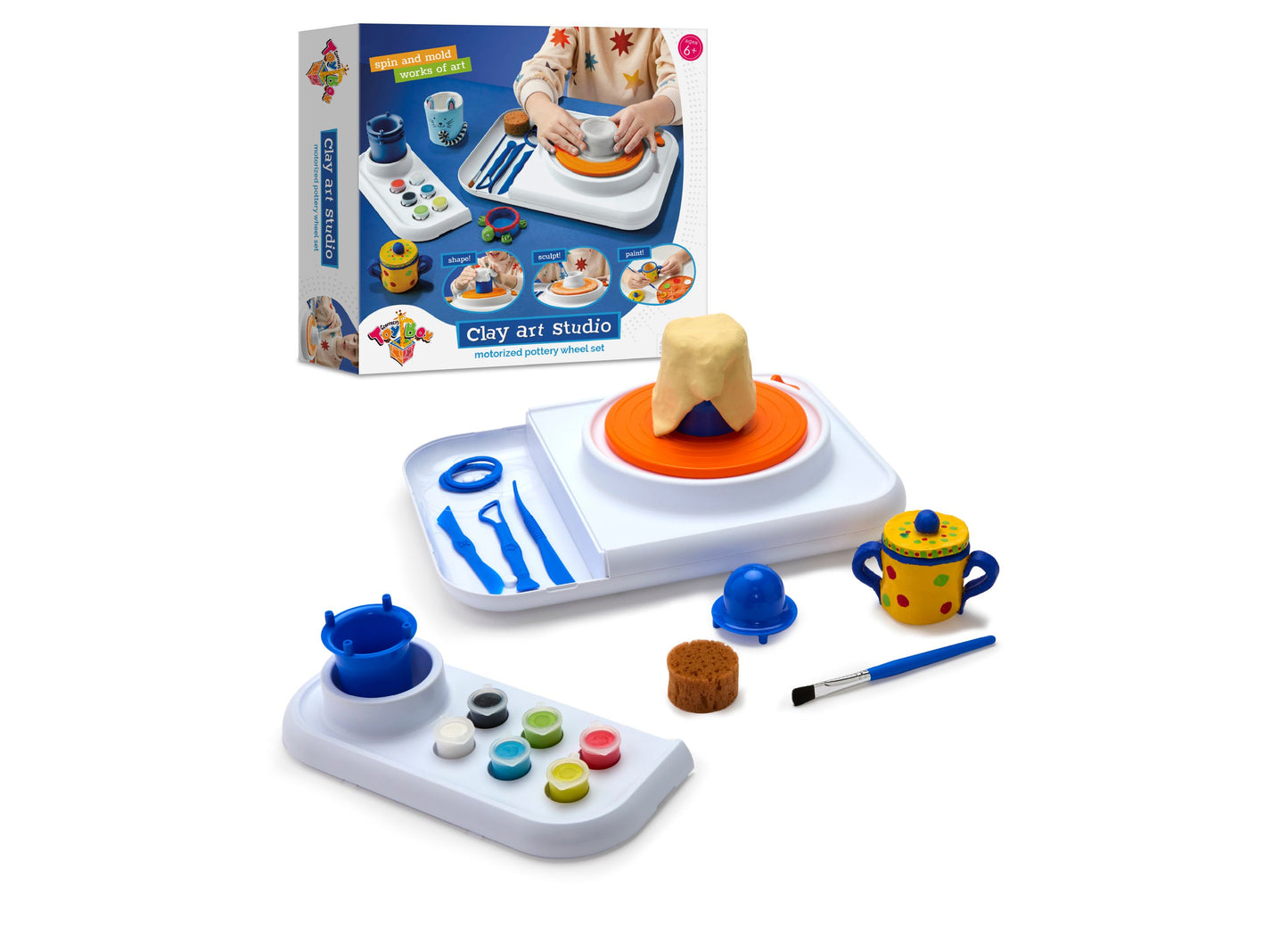 Clay Art Studio motorized pottery wheel set with spinning wheel, clay, sculpting tools, paint palette, and decorative containers
