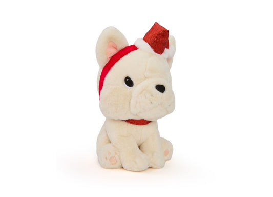 Cream-colored plush French Bulldog with red glitter bow on head, red fabric headband, and red mouth detail on plain background