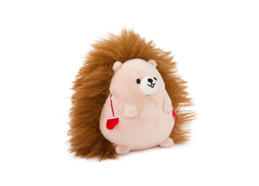 Plush hedgehog with cream-colored body, brown spiky quills, black eyes and nose, wearing red mittens on string