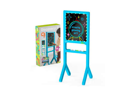 Discovery Kids Glow Easel dual-sided light-up art station with bright blue frame, glowing drawing surface, and storage compartments, shown with packaging