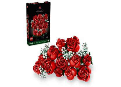 LEGO Icons Bouquet of Roses building set with red roses and white baby's breath flowers, shown assembled next to black product box