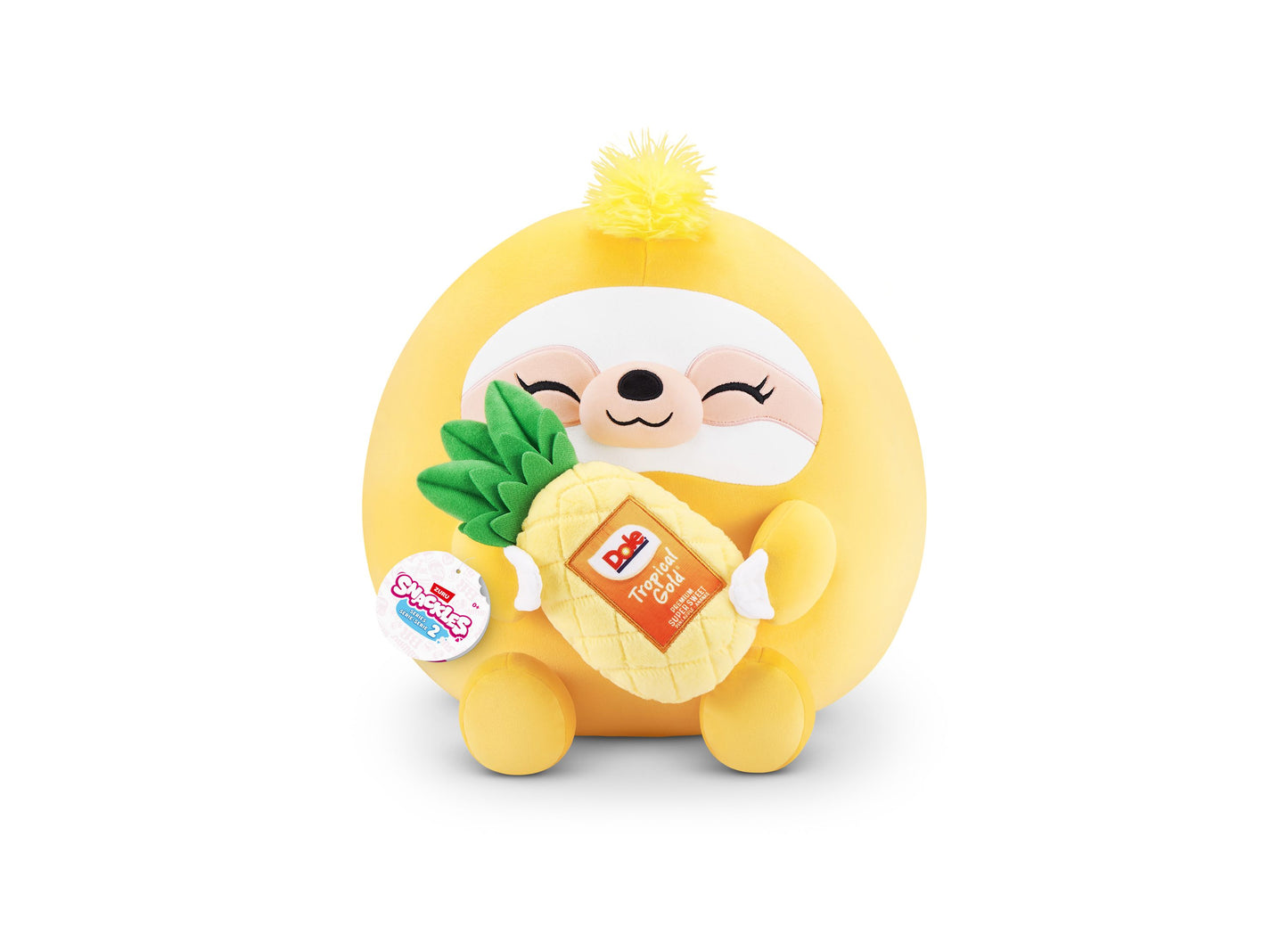 Yellow plush sloth holding a pineapple-shaped pouch with green leaf detail, smiling face with closed eyes and pom-pom on head
