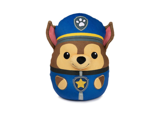 Brown and tan Paw Patrol Chase plush toy shaped like a dog wearing a blue police uniform hat and chest badge with paw print and star emblems