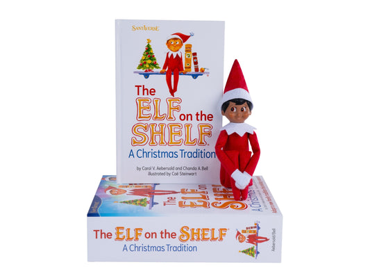 The Elf on the Shelf doll with red outfit and hat displayed with book and box packaging