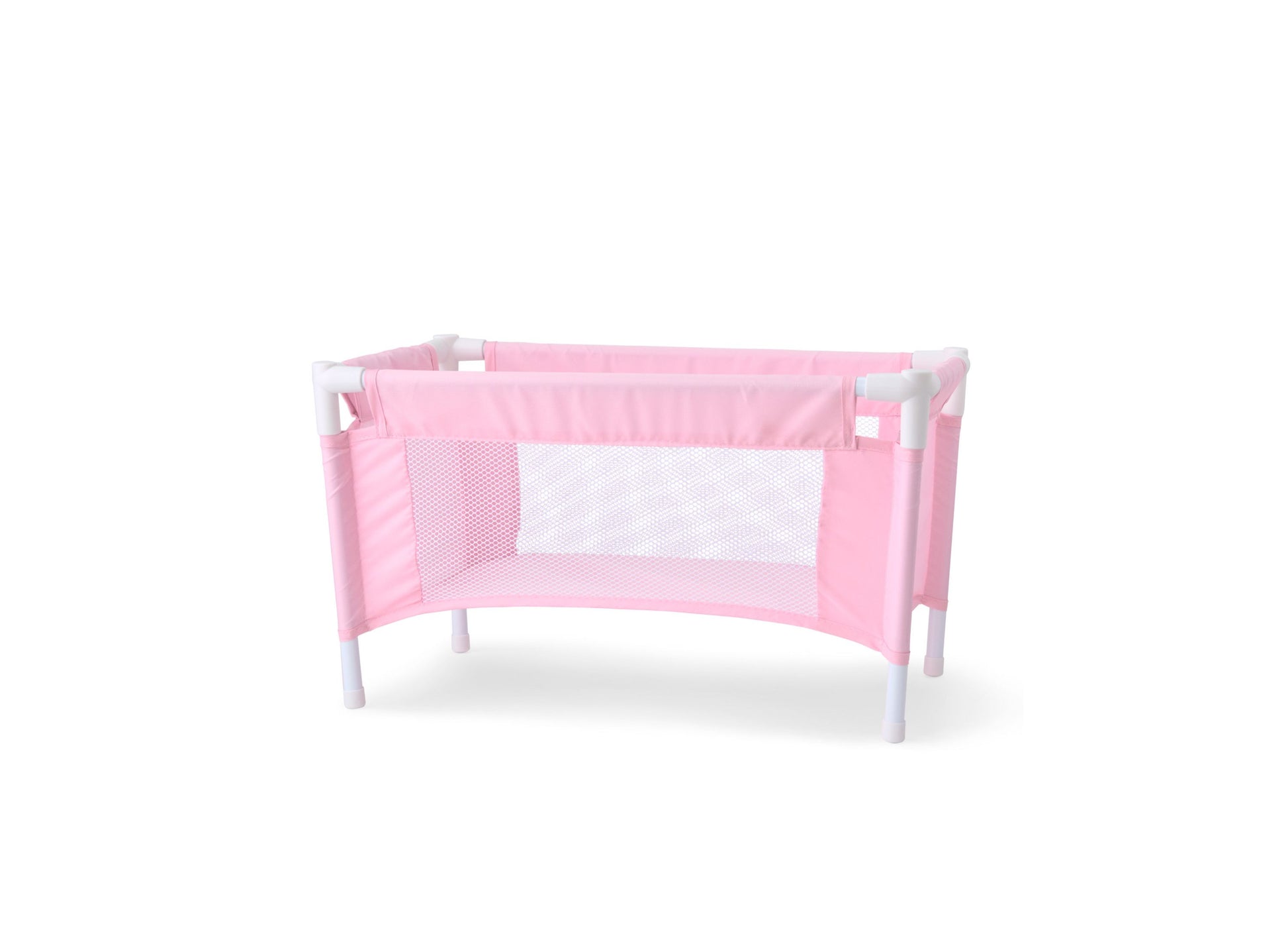 Pink and white doll crib with mesh sides and white legs on plain background