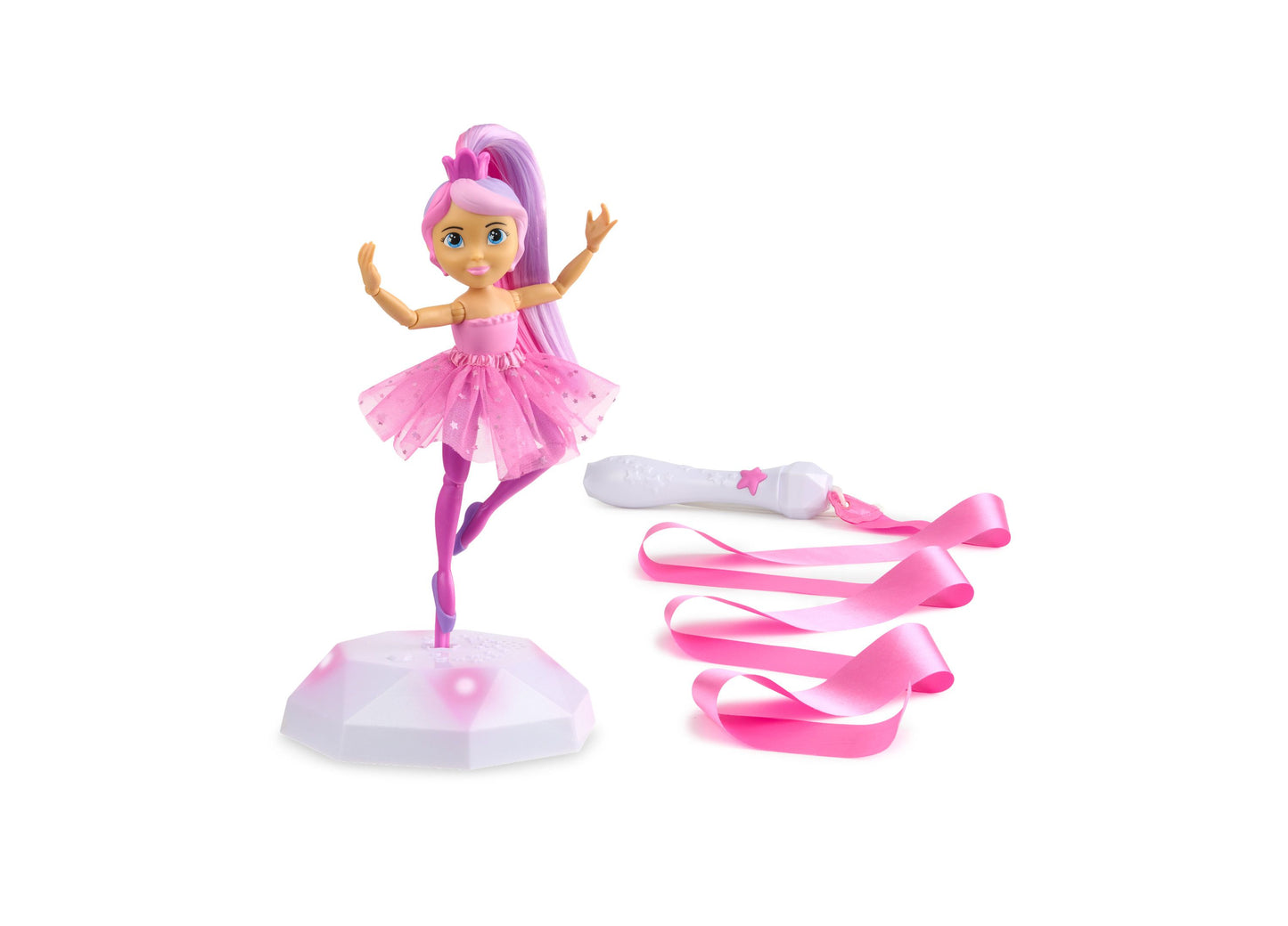 Twirl Along Dancing Doll Lena Ballerina with pink hair in tutu on illuminated stage base, includes four pink ribbons and white wand with star