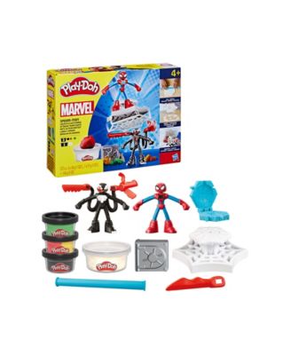 Play-Doh Marvel Spider-Man Web-Slinging Battle Playset with red Spider-Man and black Venom figures, web-slinger tool,...