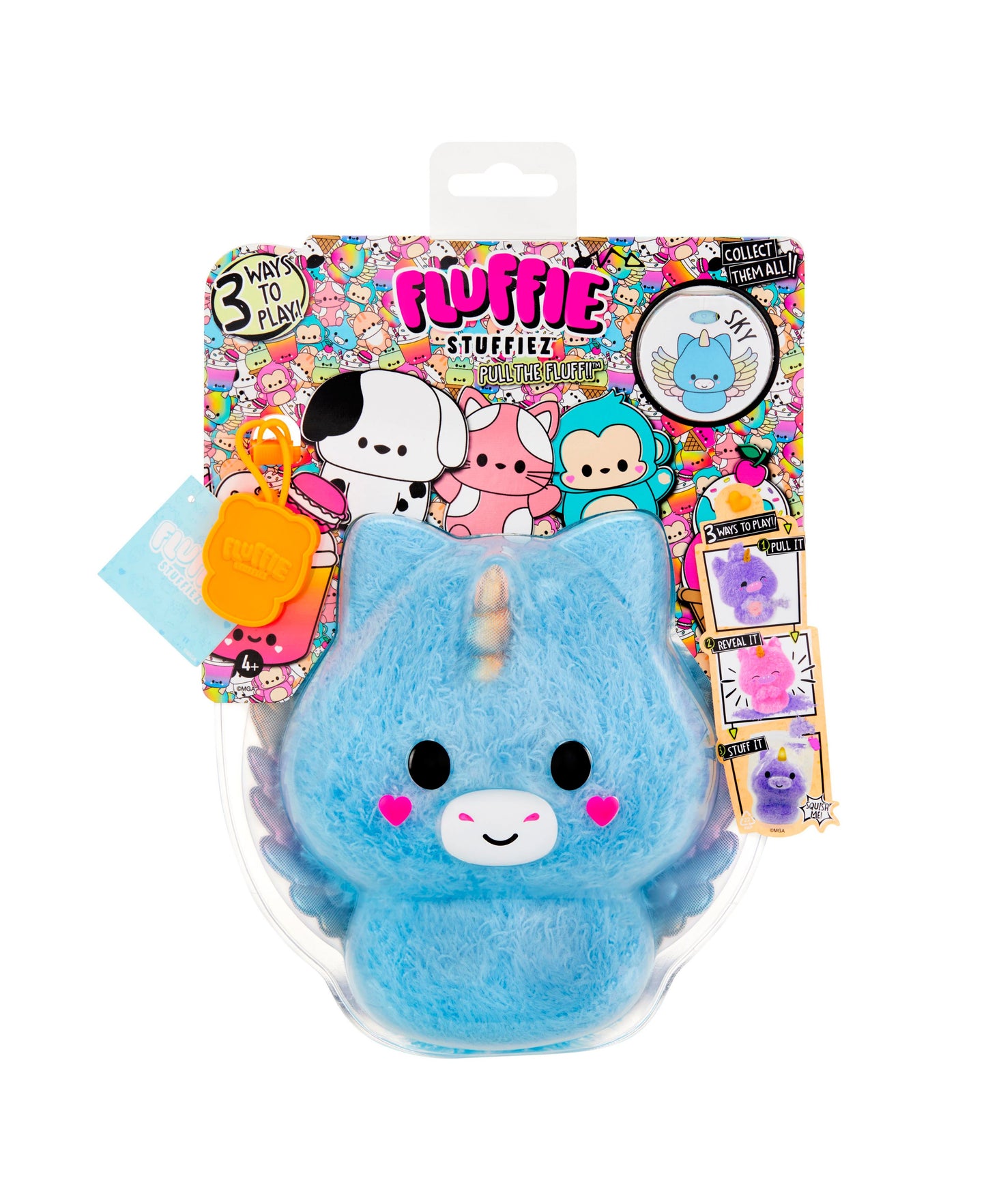 Blue Fluffie Stuffiez plush with heart-shaped cheeks and smiling face, shown in clear packaging with colorful character-themed cardboard backing and interactive