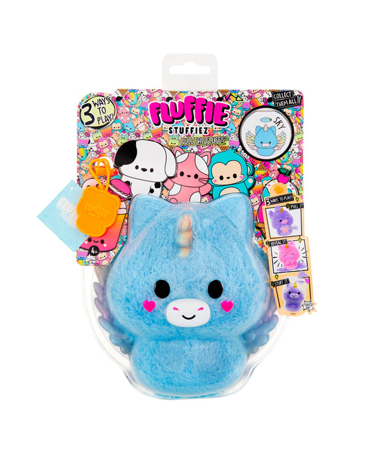 Blue Fluffie Stuffiez plush with heart-shaped cheeks and smiling face, shown in clear packaging with colorful character-themed cardboard backing and interactive