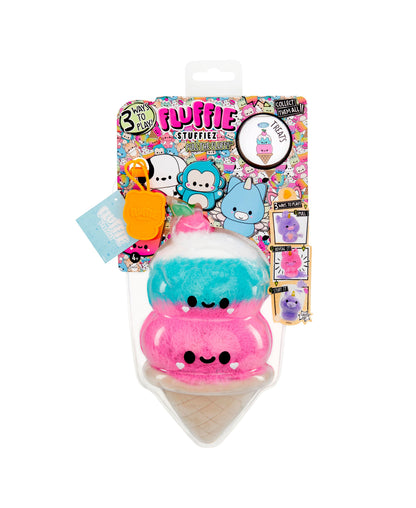 Fluffie Stuffiez 3-in-1 Interactive Small Plush Double Scoop Ice Cream with turquoise top scoop and pink bottom scoop, smiling faces, in cone-shaped container w