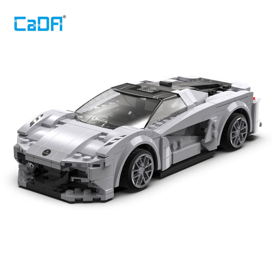 CaDA Lotus Evija white and gray building block sports car model with opening doors and detailed wheels on plain background