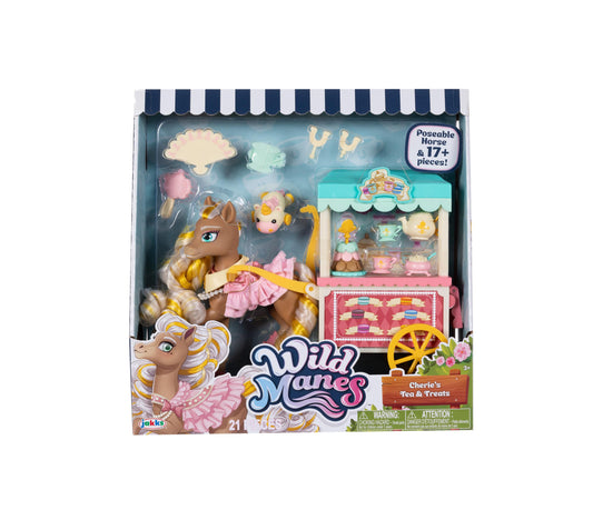 Wild Manes Cherie Tea & Treats playset with poseable brown and gold horse, pink outfit, teacup accessories, and 17+ pieces including miniature tea party furnitu