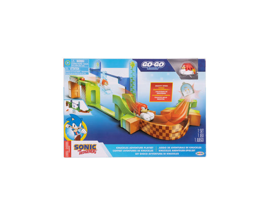 Sonic the Hedgehog Go Go Racers Knuckles Adventure Playset with gravity-speed ramp, colorful track pieces, and character figures on plain background
