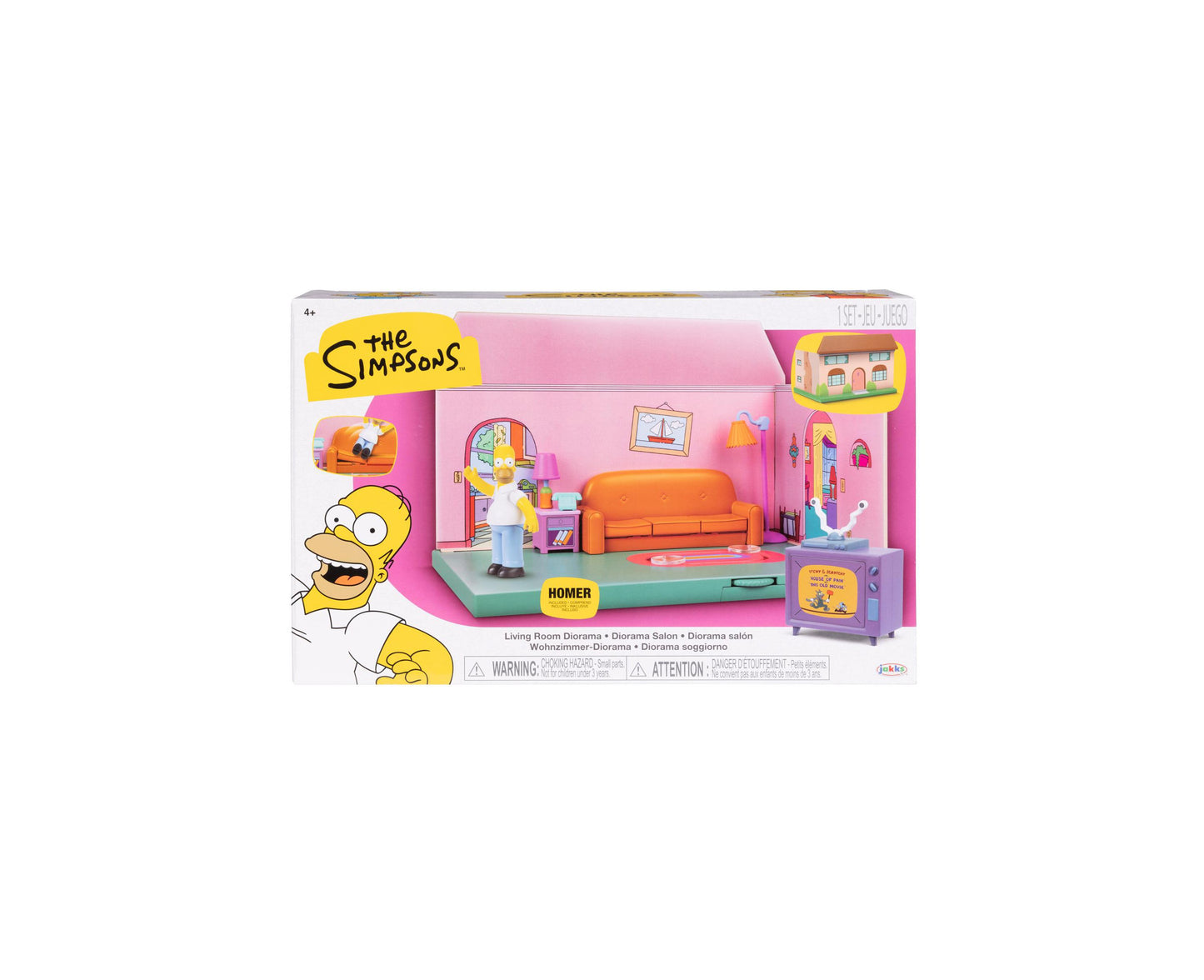 The Simpsons Living Room Diorama playset with orange couch, Homer Simpson figure, and pink walls with furniture and accessories