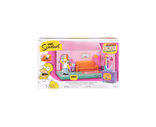 The Simpsons Living Room Diorama playset with orange couch, Homer Simpson figure, and pink walls with furniture and accessories
