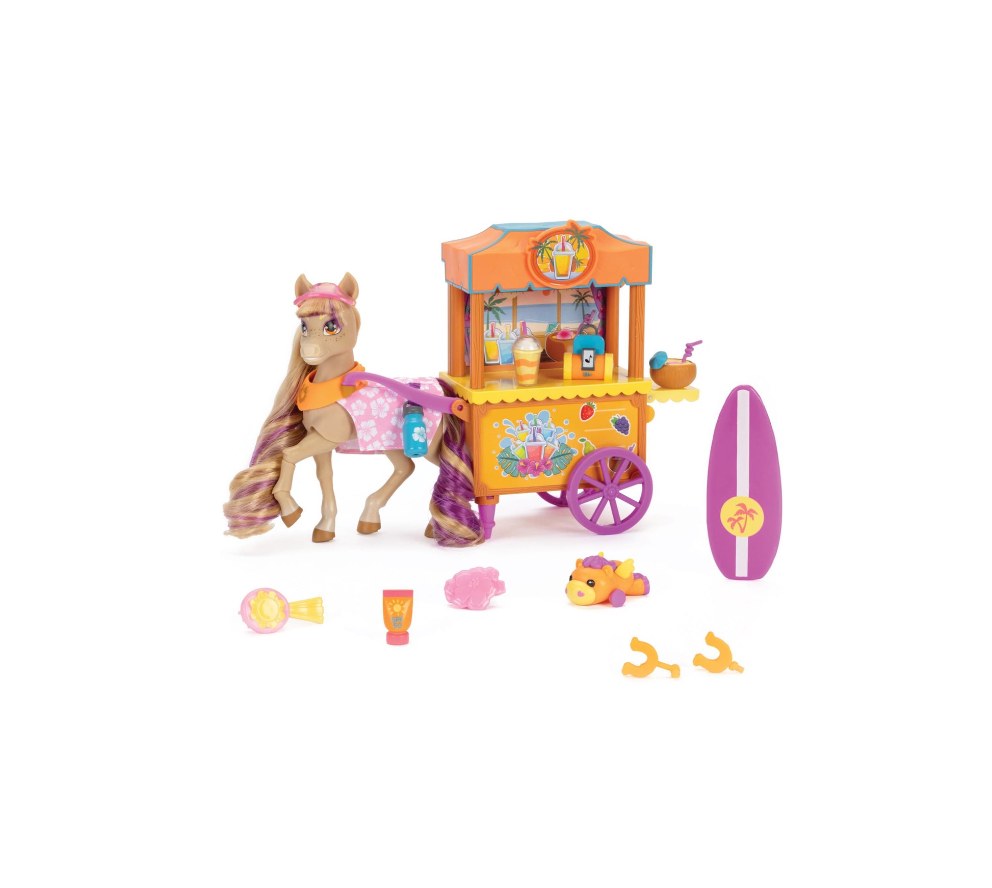 Wild Manes Beach Shack Playset with tan horse figure with pink and purple mane, orange beach cart with purple wheels, surfboard, and accessories including tropi