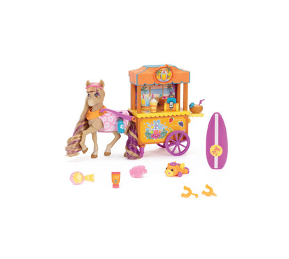 Wild Manes Beach Shack Playset with tan horse figure with pink and purple mane, orange beach cart with purple wheels, surfboard, and accessories including tropi