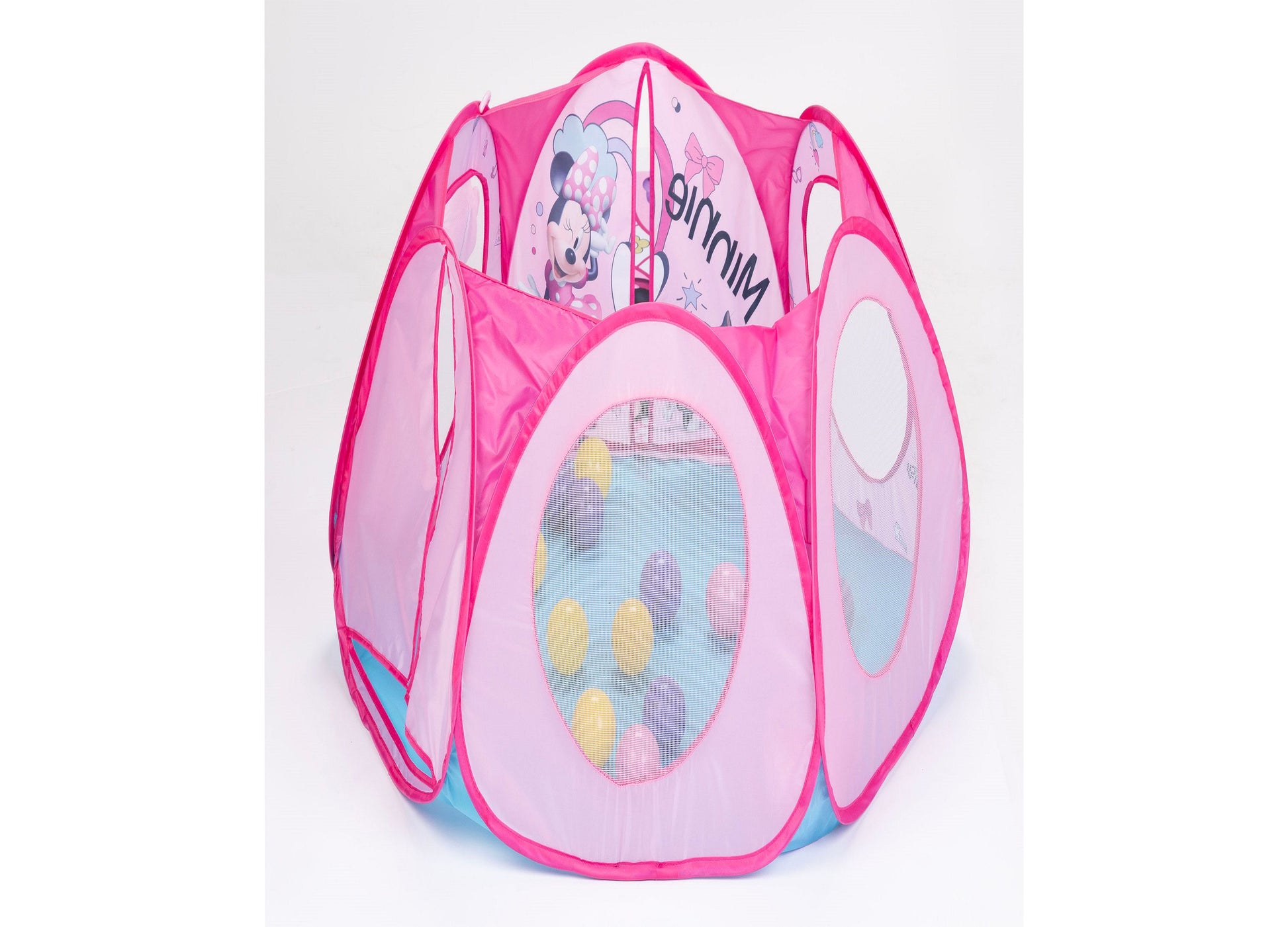 Minnie Mouse pink pop-up ball pit tent with mesh windows, featuring character graphics and colorful balls inside