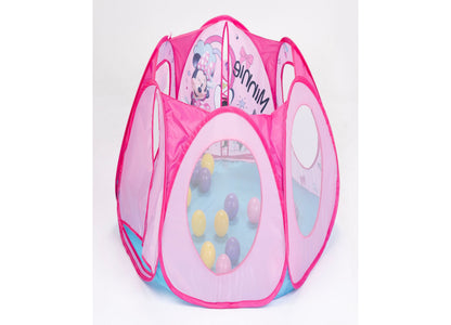 Minnie Mouse pink pop-up ball pit tent with mesh windows, featuring character graphics and colorful balls inside