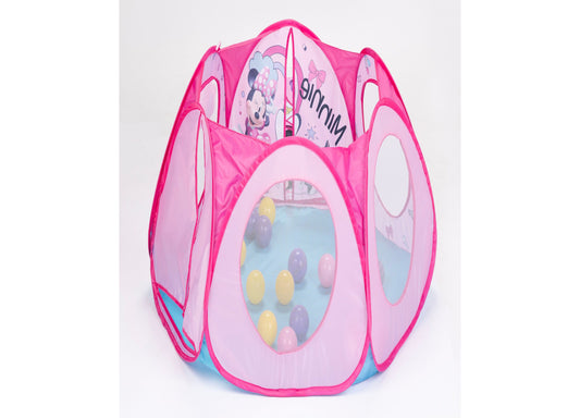Minnie Mouse pink pop-up ball pit tent with mesh windows, featuring character graphics and colorful balls inside