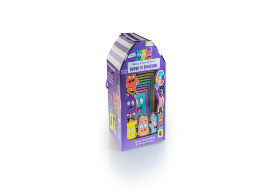 Tower of Emotions nesting and stacking blocks set with colorful emotion-themed character blocks in purple house-shaped packaging