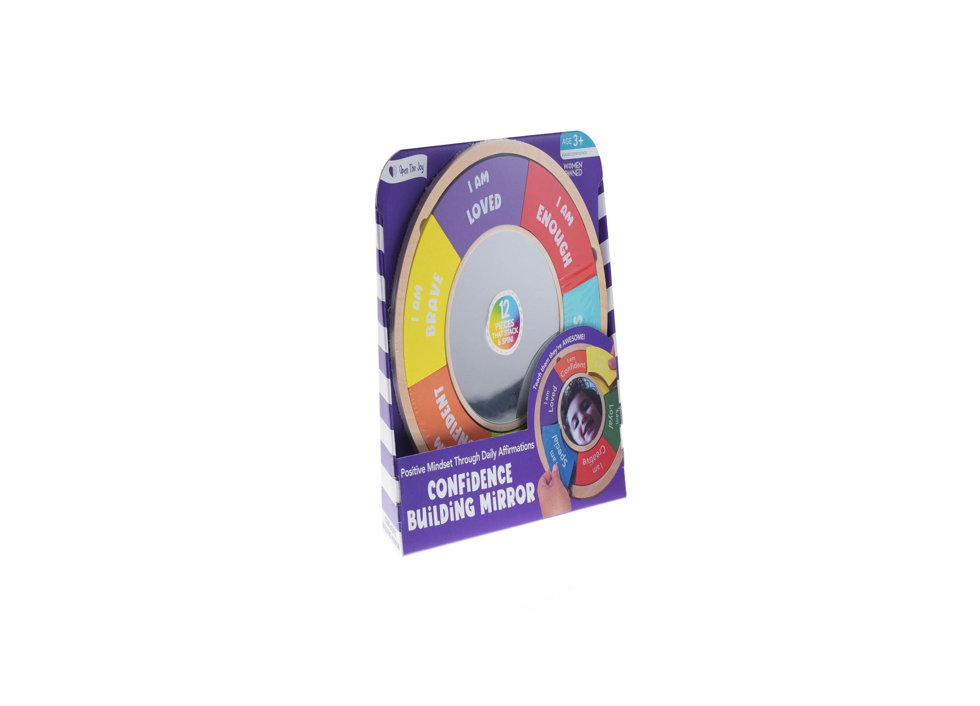 Confidence Building Interactive Mirror with colorful spinning wheel featuring affirmations like "I am loved" and "I am enough", in purple packaging
