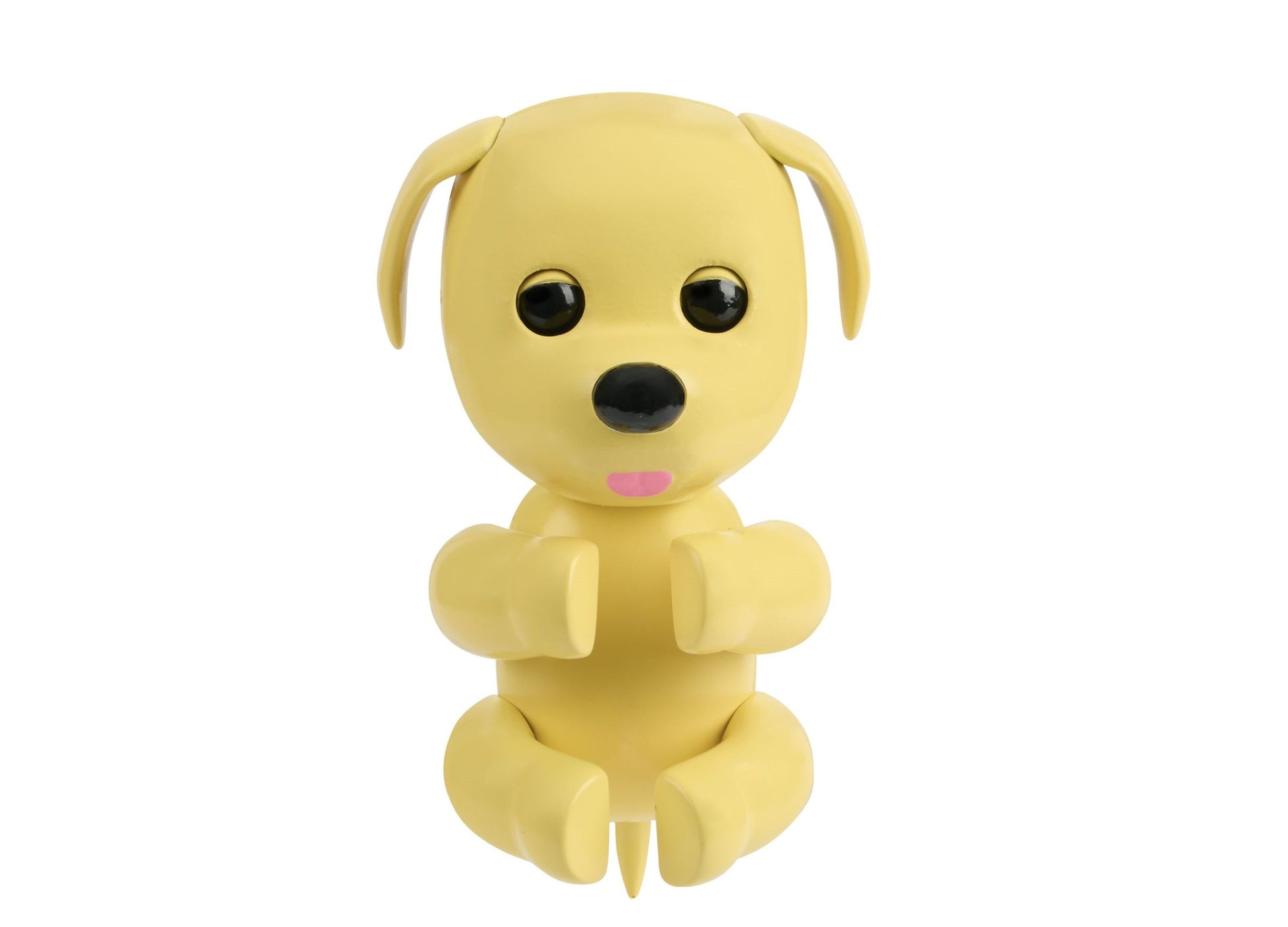 Yellow interactive dog plush toy with black eyes, pink nose, and floppy ears, sitting position on plain white background