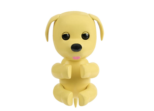 Yellow interactive dog plush toy with black eyes, pink nose, and floppy ears, sitting position on plain white background
