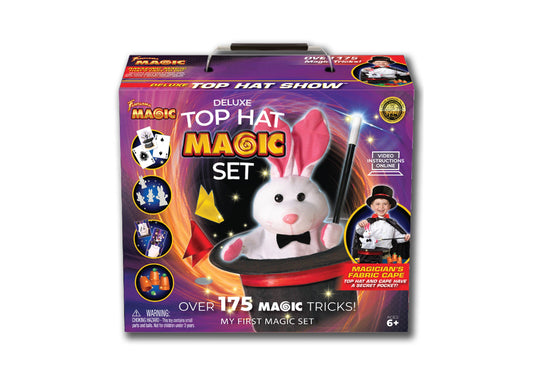 Fantasma Deluxe Top Hat Magic Set box featuring white rabbit puppet with pink ears and black bow tie, black top hat with red band, wand, and over 175 magic tric