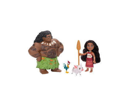 Disney Princess Moana & Maui Petite Adventure Doll Set with Maui figure in grass skirt, Moana doll in red dress holding paddle, rooster Heihei, and pig Pua