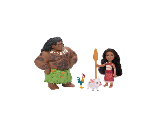 Disney Princess Moana & Maui Petite Adventure Doll Set with Maui figure in grass skirt, Moana doll in red dress holding paddle, rooster Heihei, and pig Pua