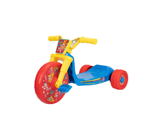 Paw Patrol 10" Fly Wheel Cruiser with yellow frame, blue seat, red wheels, and character graphics on plain background