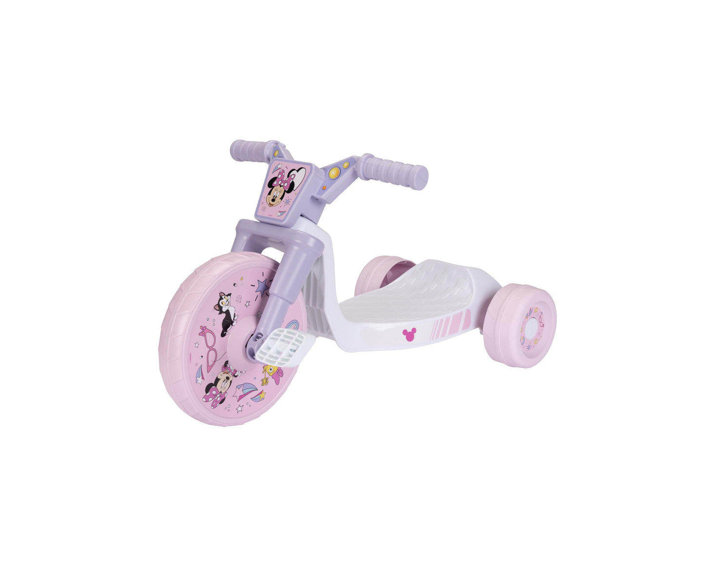 Pink and purple Minnie Mouse 10" Fly Wheels Cruiser toddler trike with character graphics on wheels and seat, purple handlebars, and white footplate