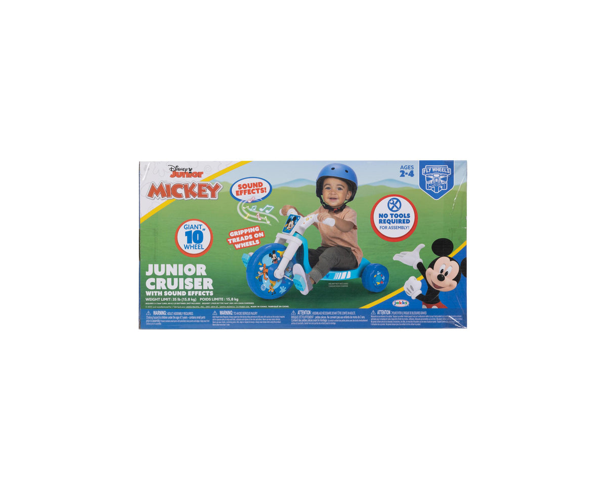 Disney Mickey Mouse 10" Fly Wheels Cruiser ride-on trike in blue with Mickey decals, shown with child rider we...