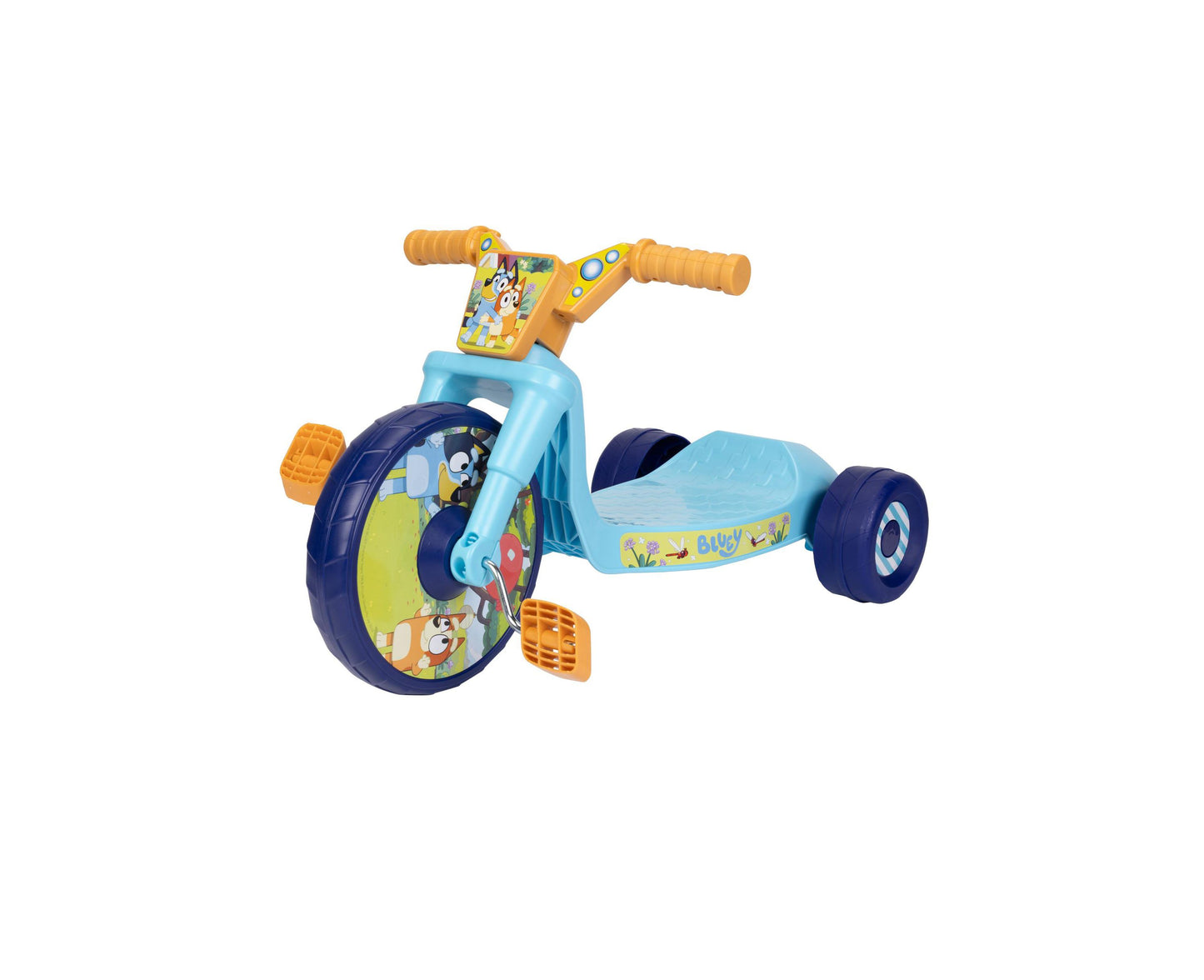 Blue and yellow Disney Bluey tricycle with orange handlebars, large dark blue wheels, and character graphics on the front wheel and seat