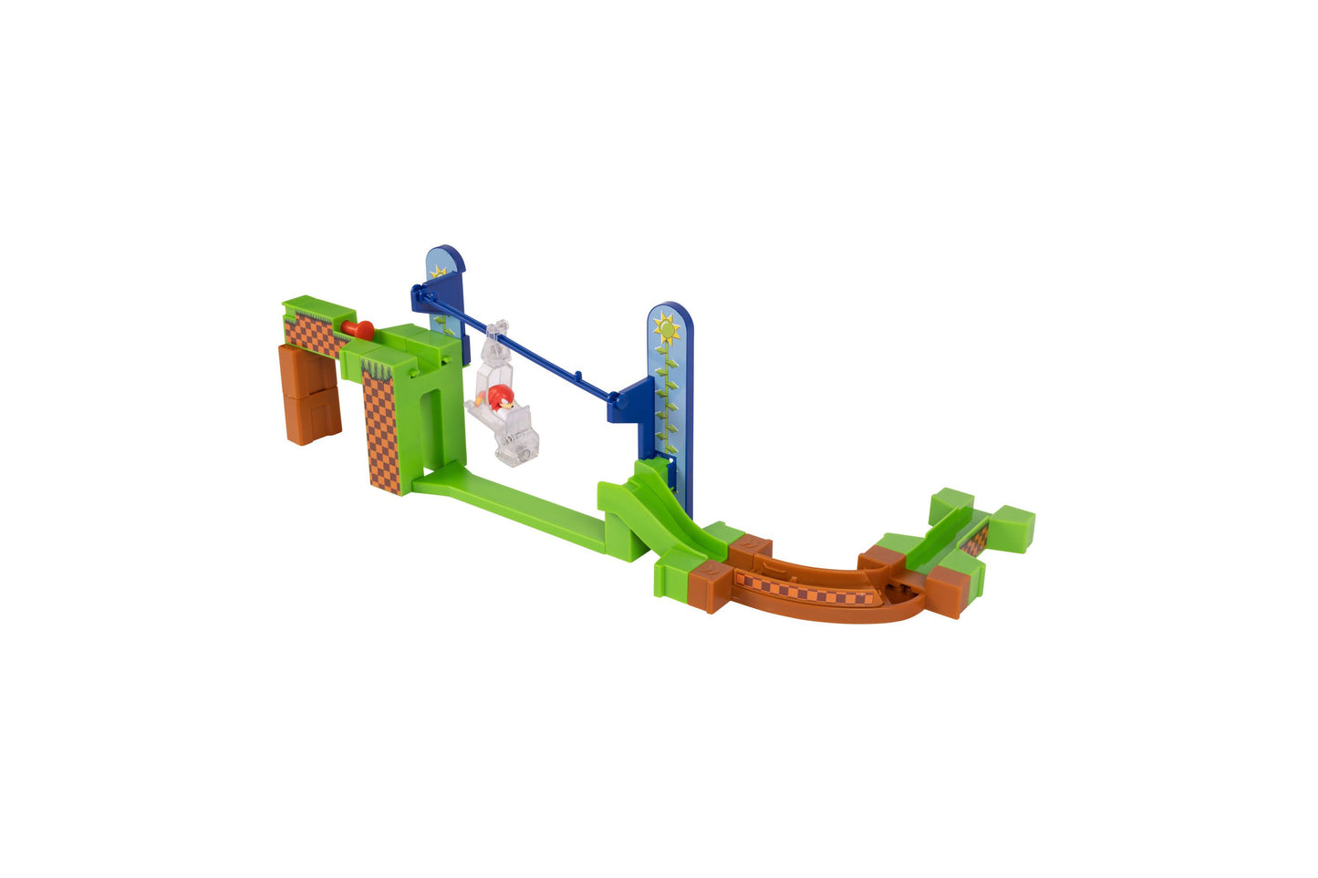 Sonic Go Go Racers Knuckles Adventure Playset with green and brown track sections, blue ramps, and character figures on plain background