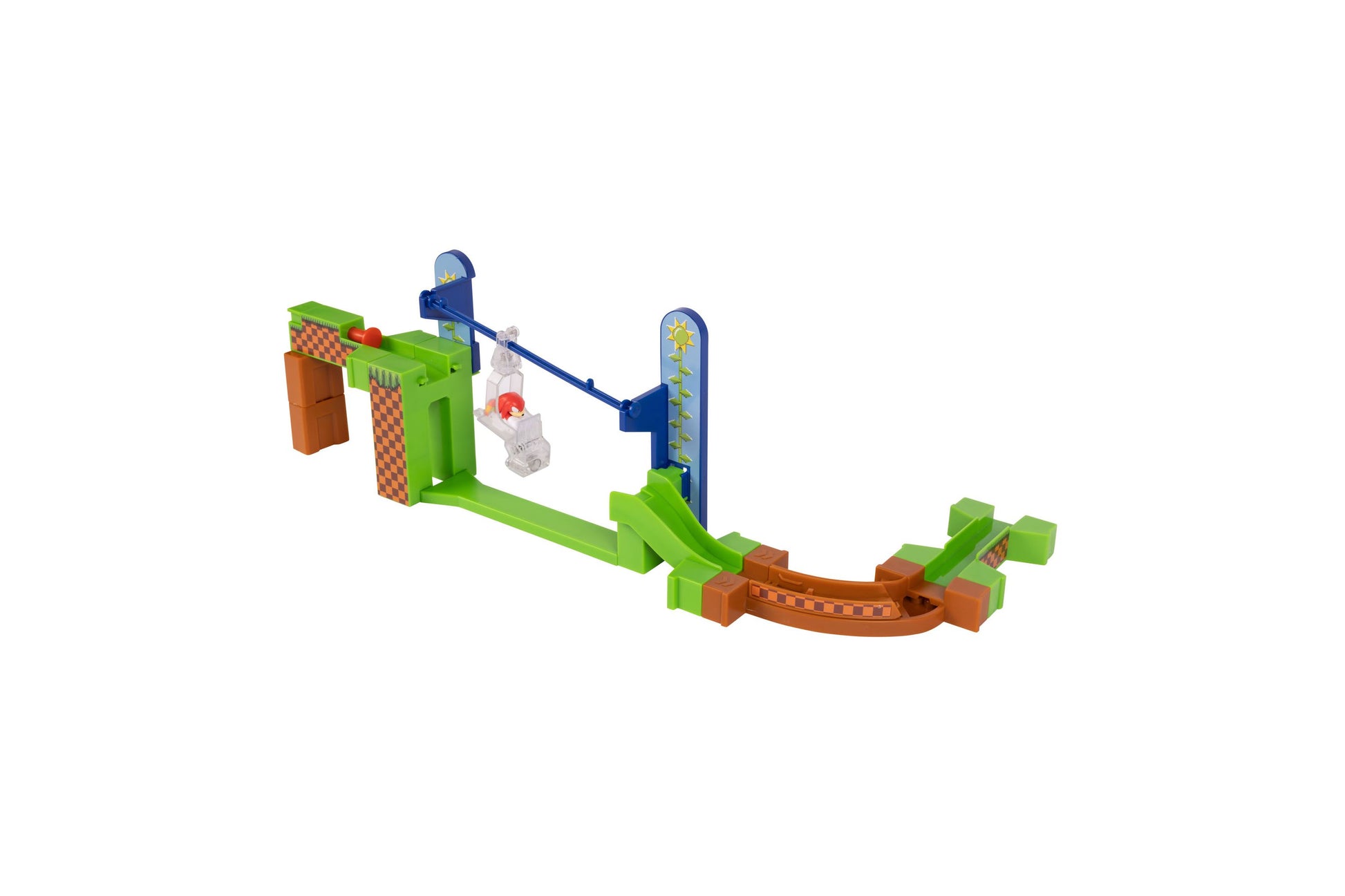 Sonic Go Go Racers Knuckles Adventure Playset with green and brown track sections, blue ramps, and character figures on plain background