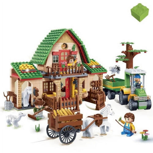 BanBao Eco Farm Town building set with farmhouse, barn, tree house, tractor, farmer minifigure, animals, and accessories on plain background