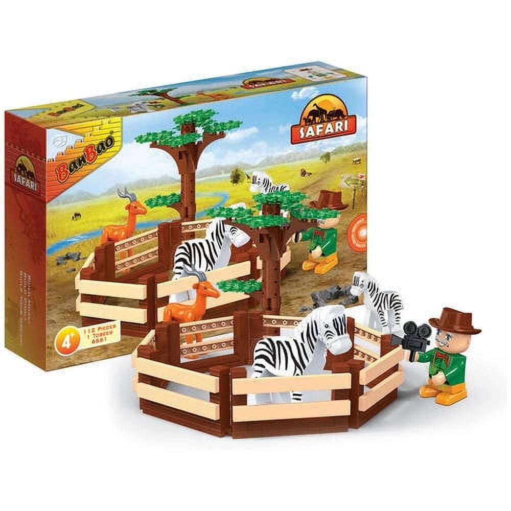 Safari Animal Pen Set building toy with zebras, wooden fence enclosure, acacia tree, zookeeper figure, and savanna backdrop on package box