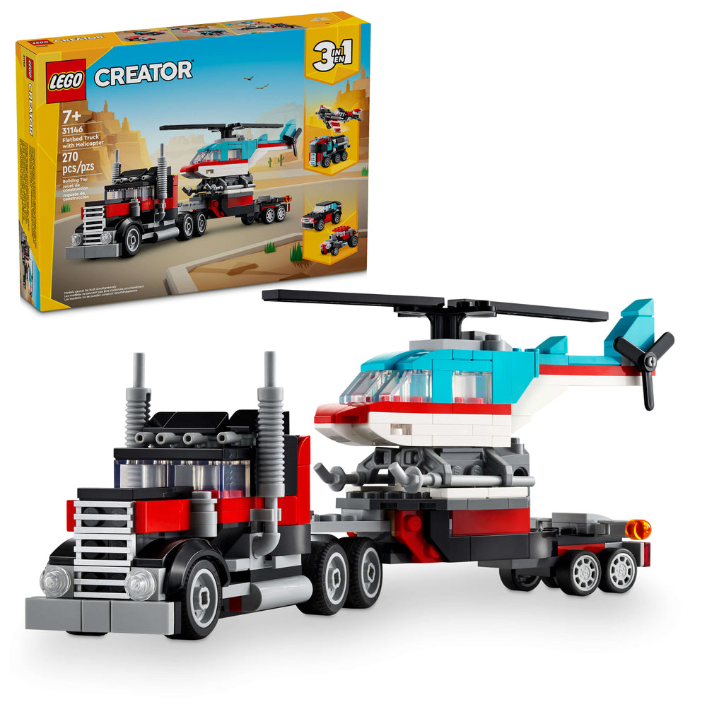 LEGO Creator 3-in-1 Flatbed Truck with Helicopter playset showing red and black flatbed truck with detachable trailer, blue and red helicopter, and smaller vehi