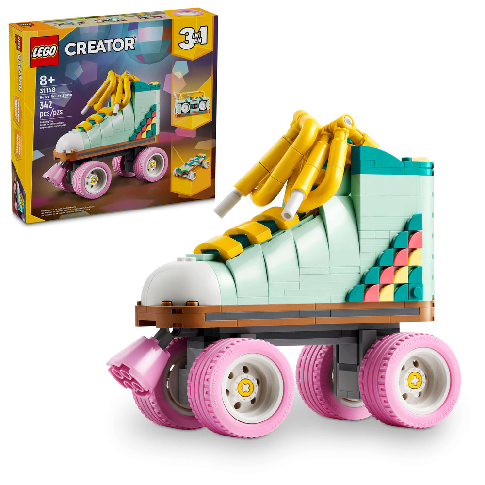 LEGO Creator Retro Roller Skate 3-in-1 building set with yellow and pink roller skate on pink wheels, shown with product box