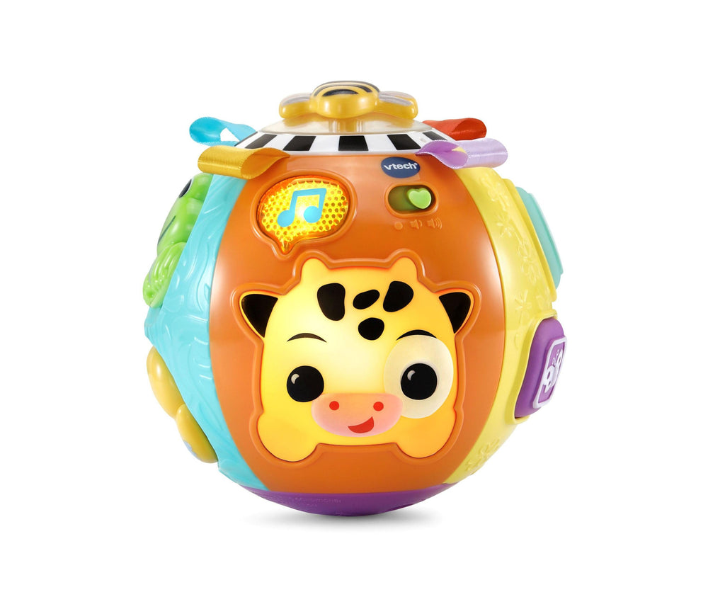 VTech Baby On-The-Moove Activity Ball, orange and multicolor sphere with yellow cow face, colorful side handles, music note button, and golden top UFO-style dom